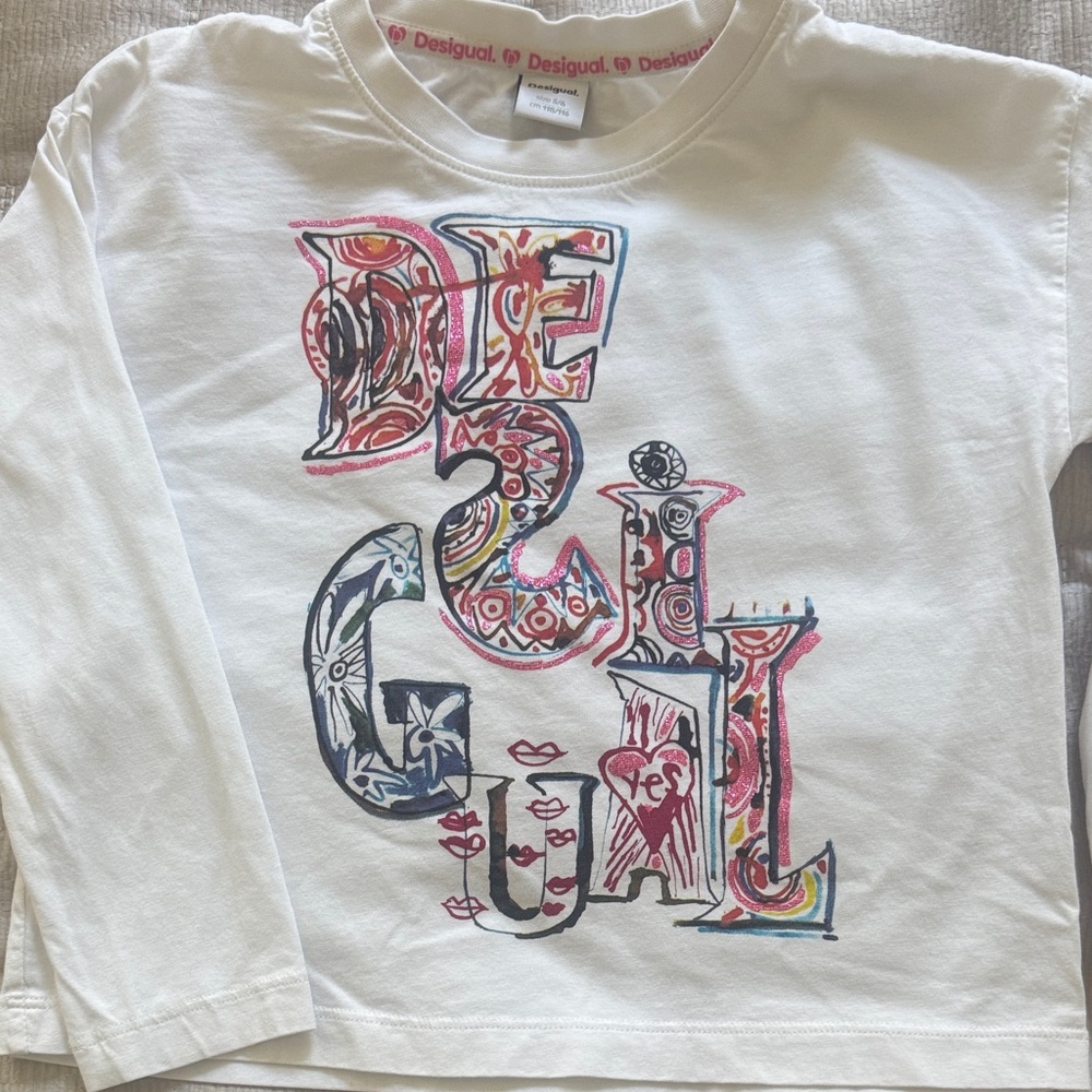 Desigual Kids White and Multicolor Graphic Long Sleeve Tee